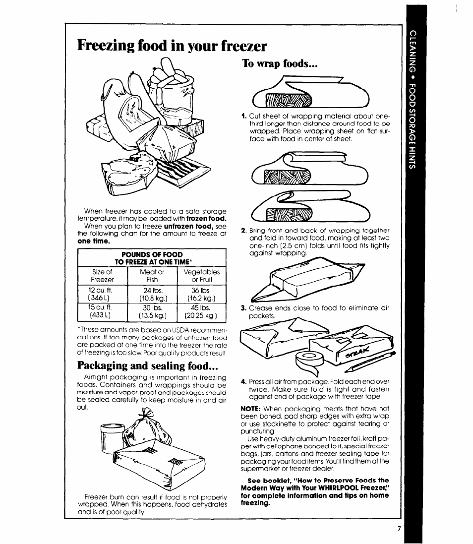 Freezing food in your freezer, To wrap foods, Packaging and sealing food | Whirlpool EH12OC EH15OC User Manual | Page 7 / 12