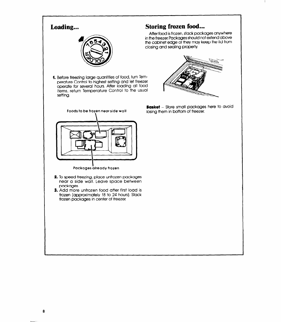 Loading, Storing frozen food, Loading... storing frozen food | Whirlpool EH12OC EH15OC User Manual | Page 8 / 12