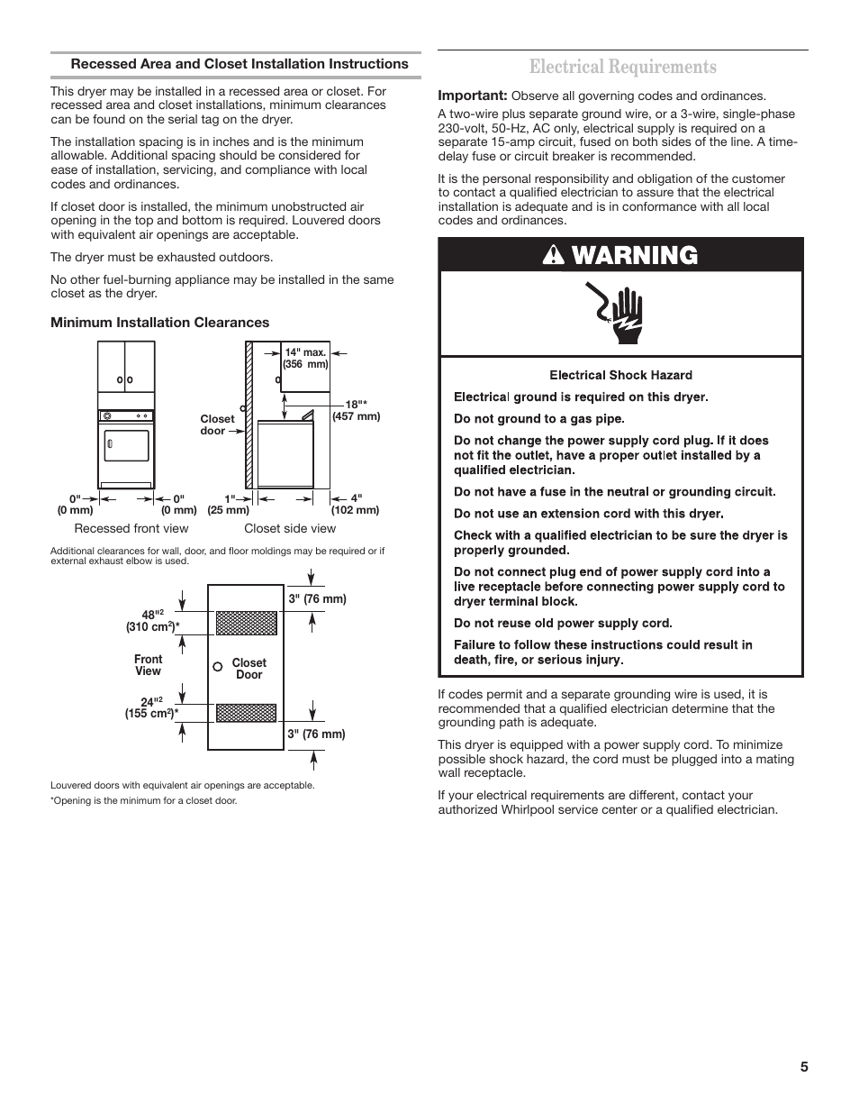 Electrical requirements | Whirlpool 3397627C User Manual | Page 5 / 12