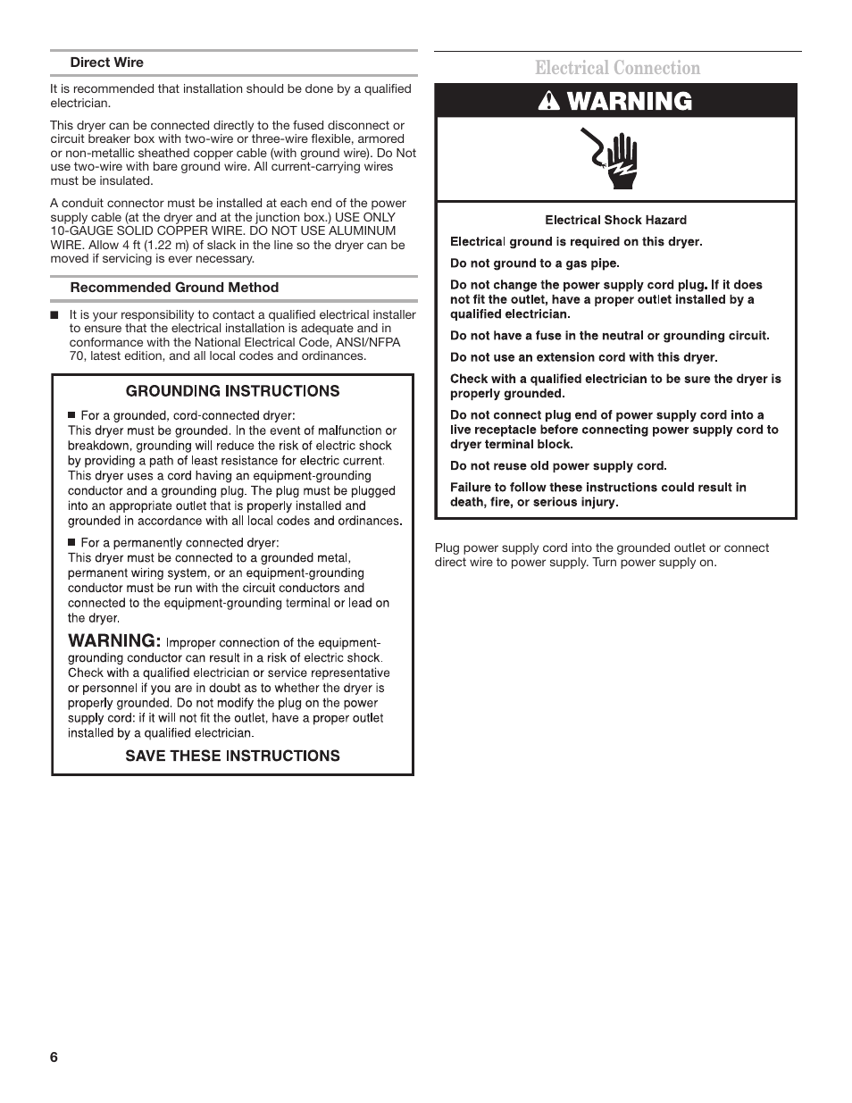Electrical connection | Whirlpool 3397627C User Manual | Page 6 / 12