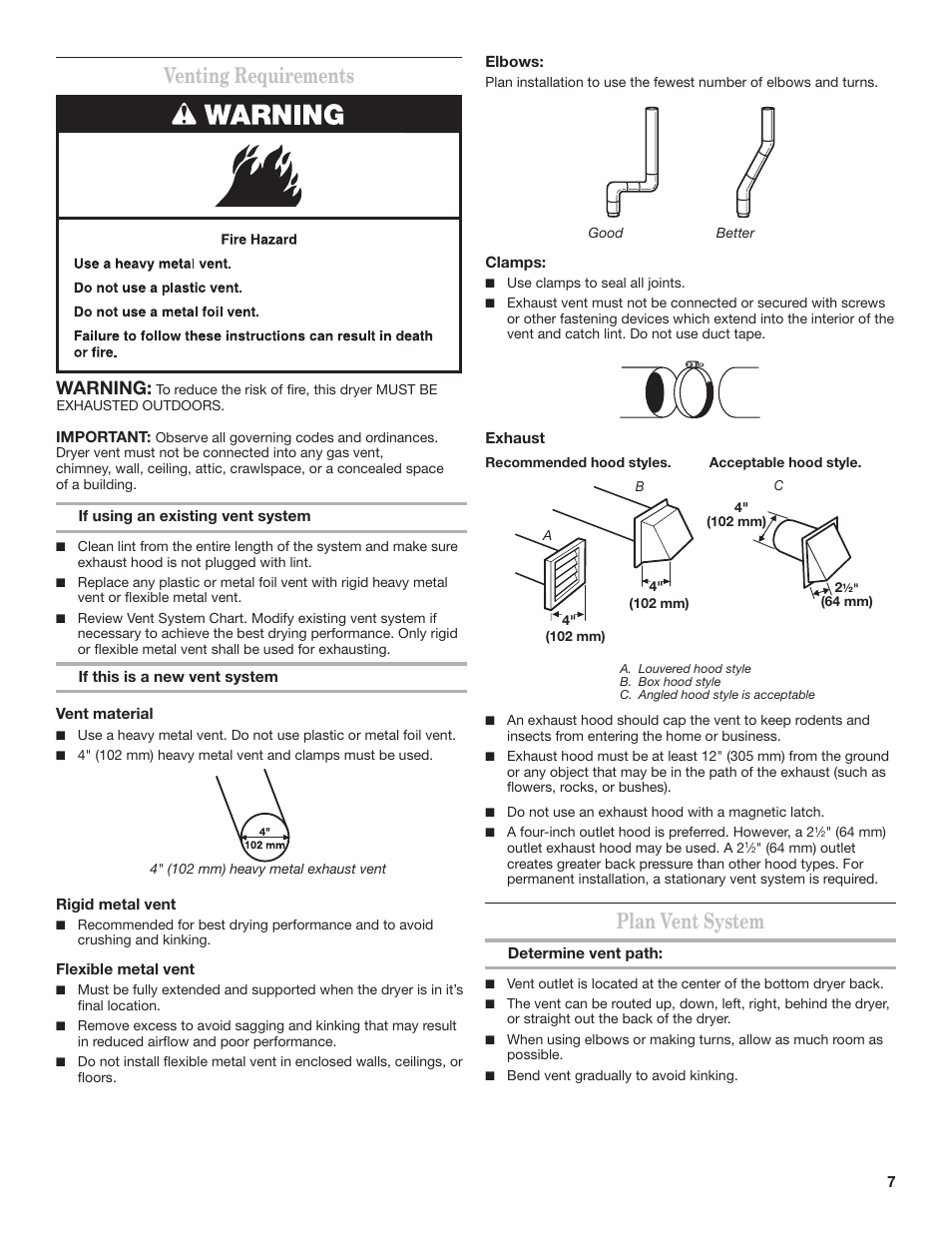 Venting requirements, Plan vent system, Warning | Whirlpool 3397627C User Manual | Page 7 / 12