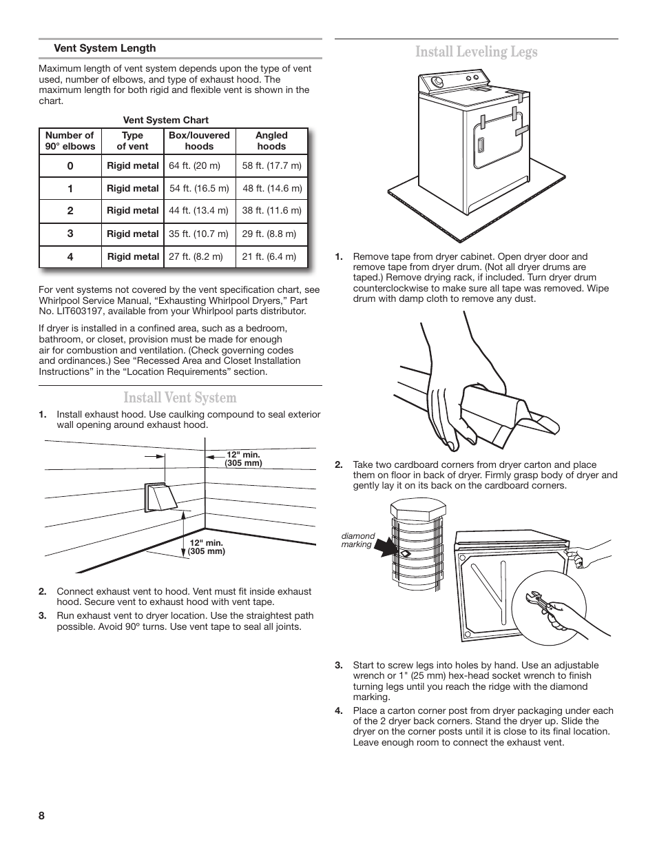 Install vent system, Install leveling legs | Whirlpool 3397627C User Manual | Page 8 / 12