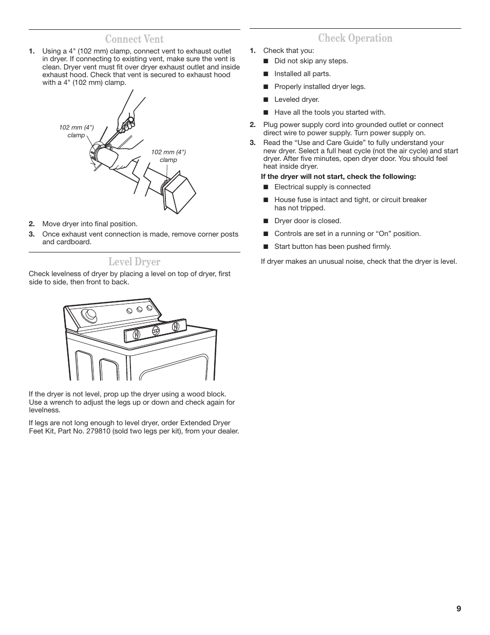 Connect vent, Level dryer, Check operation | Whirlpool 3397627C User Manual | Page 9 / 12
