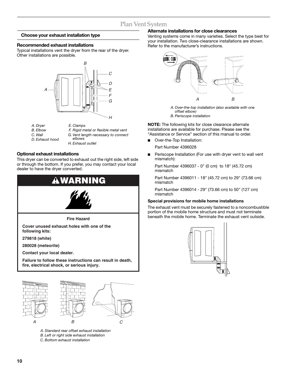Warning, Plan vent system | Whirlpool FRONT-LOADING GAS DRYER User Manual | Page 10 / 72