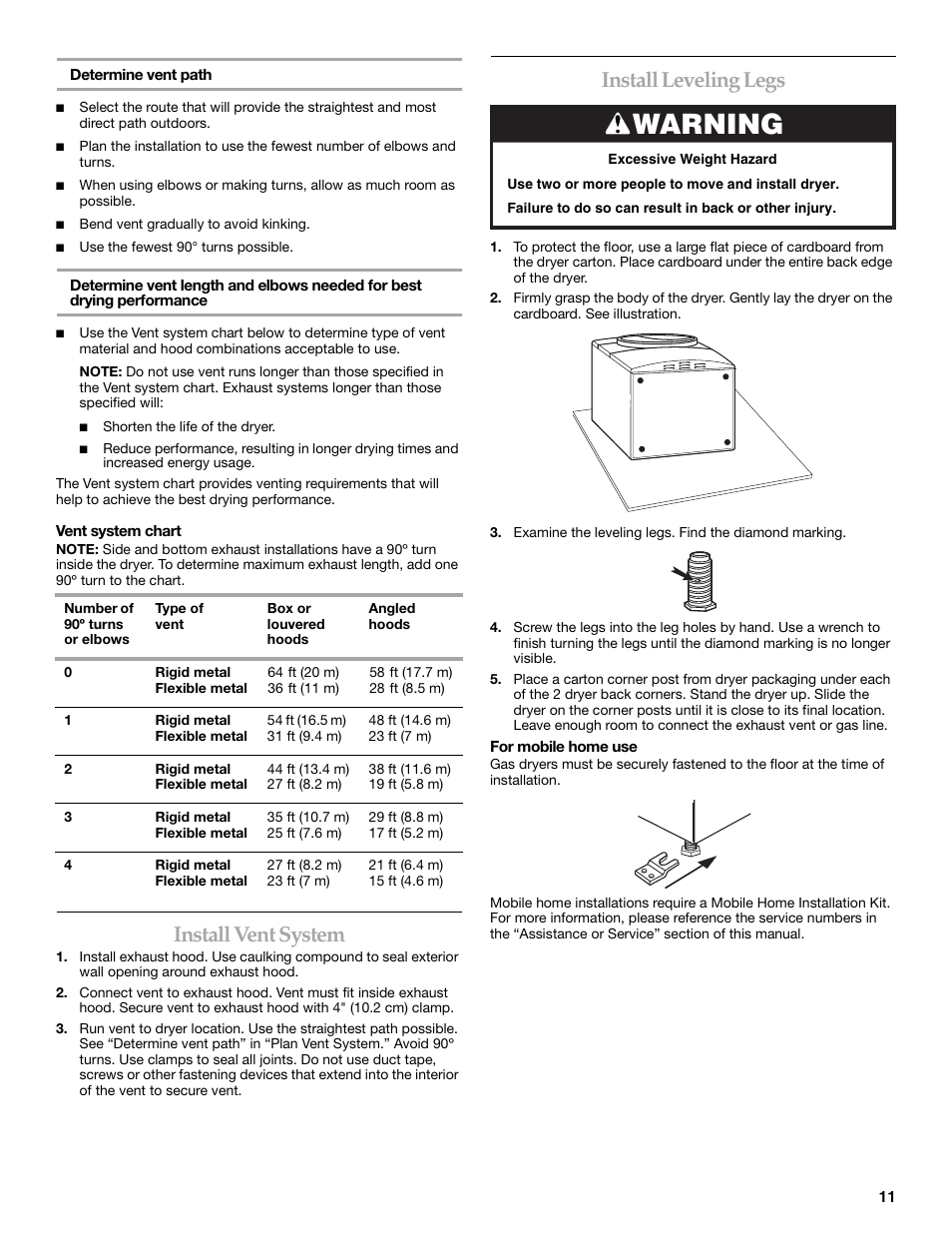 Warning, Install vent system, Install leveling legs | Whirlpool FRONT-LOADING GAS DRYER User Manual | Page 11 / 72