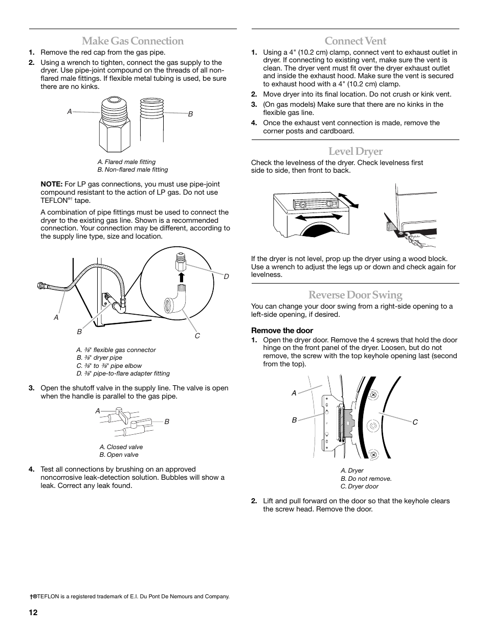 Make gas connection, Connect vent, Level dryer | Reverse door swing | Whirlpool FRONT-LOADING GAS DRYER User Manual | Page 12 / 72