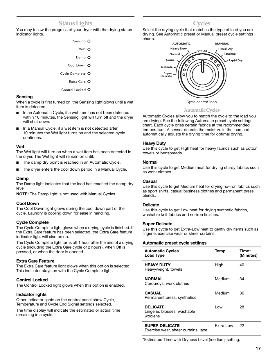 Status lights, Cycles | Whirlpool FRONT-LOADING GAS DRYER User Manual | Page 17 / 72
