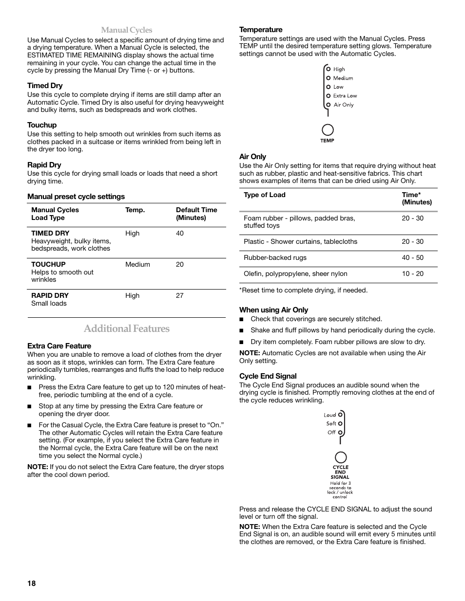 Additional features | Whirlpool FRONT-LOADING GAS DRYER User Manual | Page 18 / 72