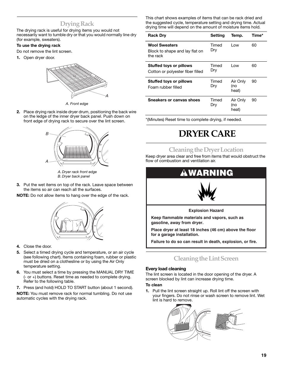 Dryer care, Warning, Drying rack | Cleaning the dryer location, Cleaning the lint screen | Whirlpool FRONT-LOADING GAS DRYER User Manual | Page 19 / 72
