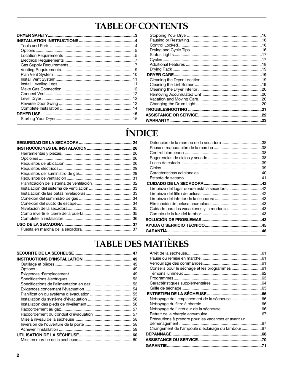 Whirlpool FRONT-LOADING GAS DRYER User Manual | Page 2 / 72