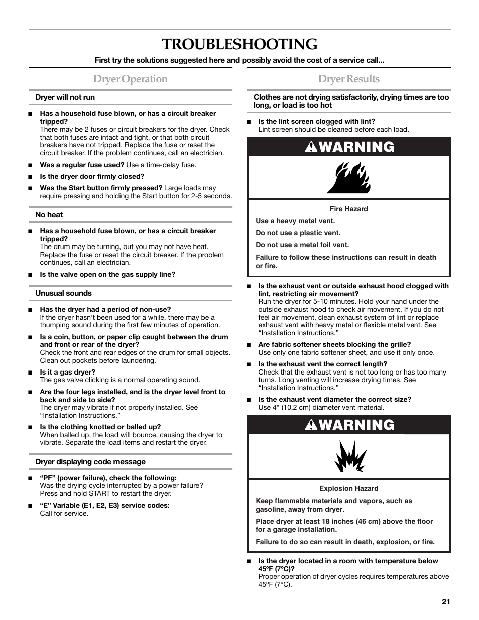 Troubleshooting, Warning, Dryer operation | Dryer results | Whirlpool FRONT-LOADING GAS DRYER User Manual | Page 21 / 72