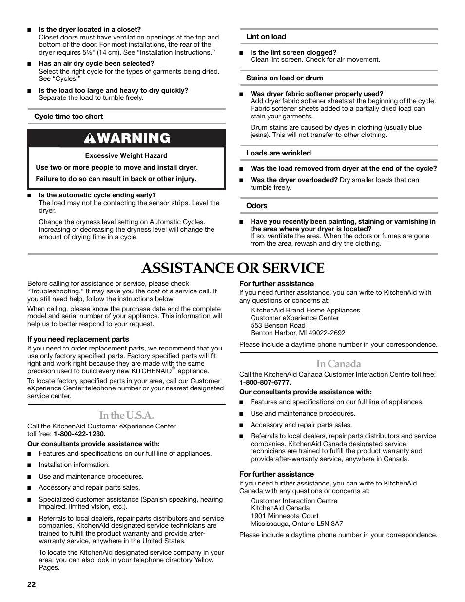 Assistance or service, Warning | Whirlpool FRONT-LOADING GAS DRYER User Manual | Page 22 / 72
