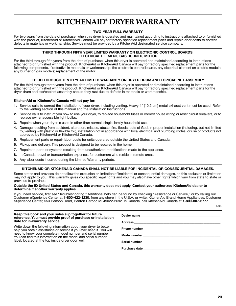 Kitchenaid, Dryer warranty | Whirlpool FRONT-LOADING GAS DRYER User Manual | Page 23 / 72