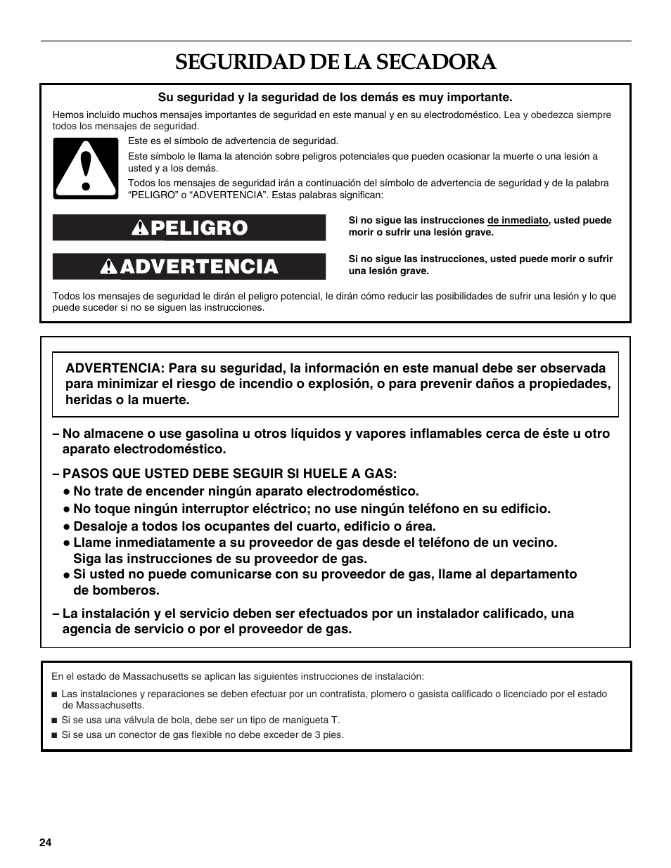 Seguridad de la secadora, Advertencia peligro | Whirlpool FRONT-LOADING GAS DRYER User Manual | Page 24 / 72