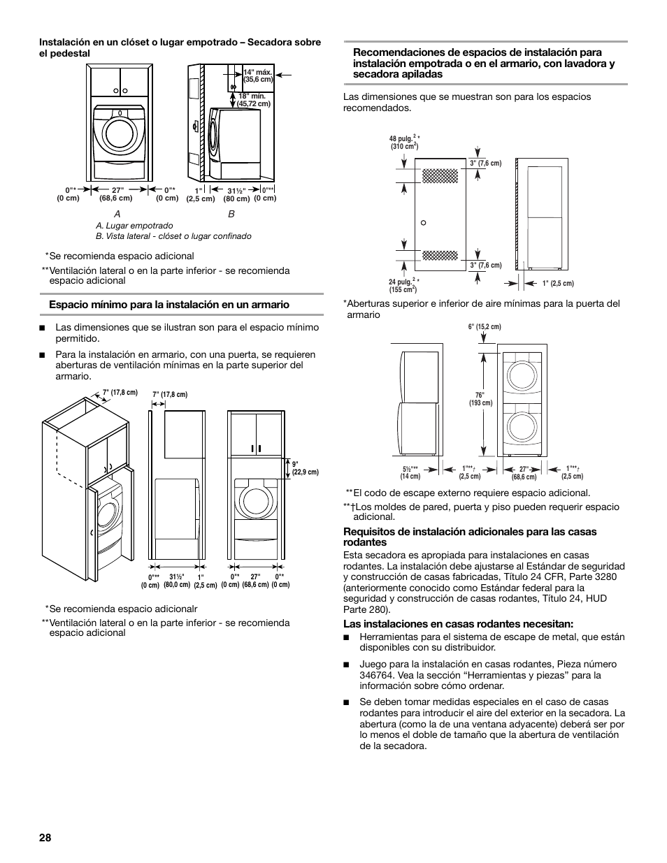 Espacio mínimo para la instalación en un armario, Las instalaciones en casas rodantes necesitan | Whirlpool FRONT-LOADING GAS DRYER User Manual | Page 28 / 72
