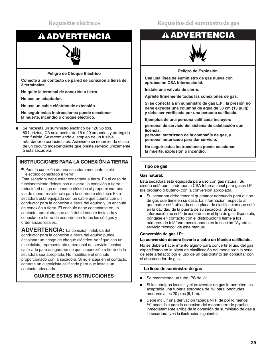 Advertencia, Requisitos eléctricos, Requisitos del suministro de gas | Whirlpool FRONT-LOADING GAS DRYER User Manual | Page 29 / 72