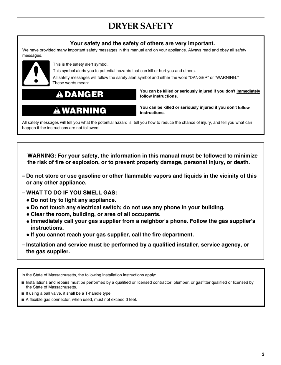 Dryer safety, Danger warning | Whirlpool FRONT-LOADING GAS DRYER User Manual | Page 3 / 72