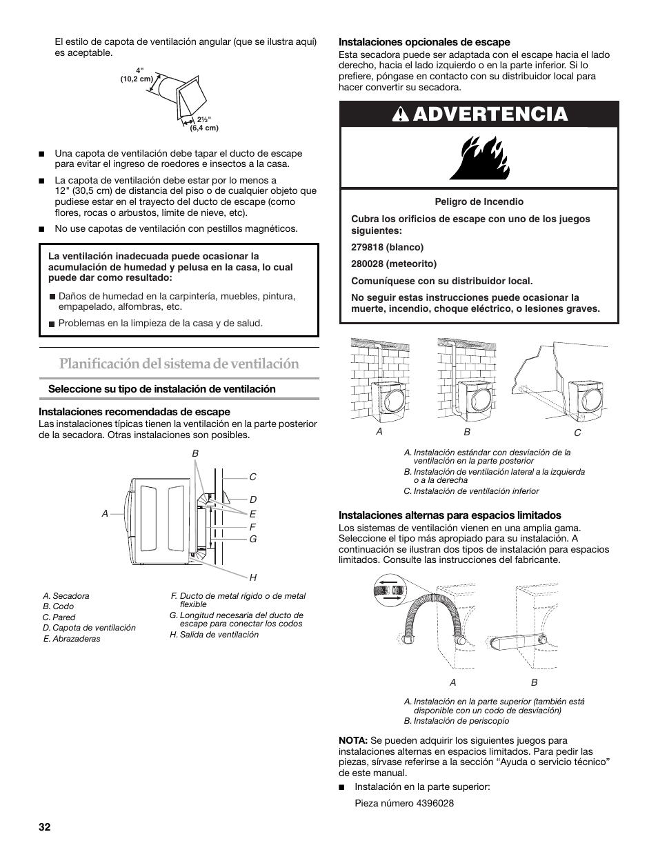 Advertencia, Planificación del sistema de ventilación | Whirlpool FRONT-LOADING GAS DRYER User Manual | Page 32 / 72