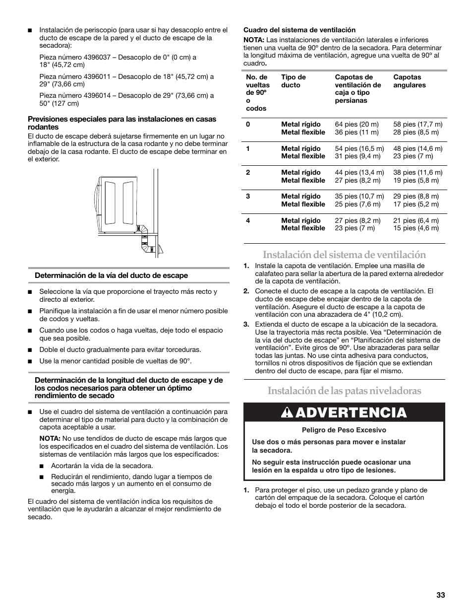 Advertencia, Instalación del sistema de ventilación, Instalación de las patas niveladoras | Whirlpool FRONT-LOADING GAS DRYER User Manual | Page 33 / 72