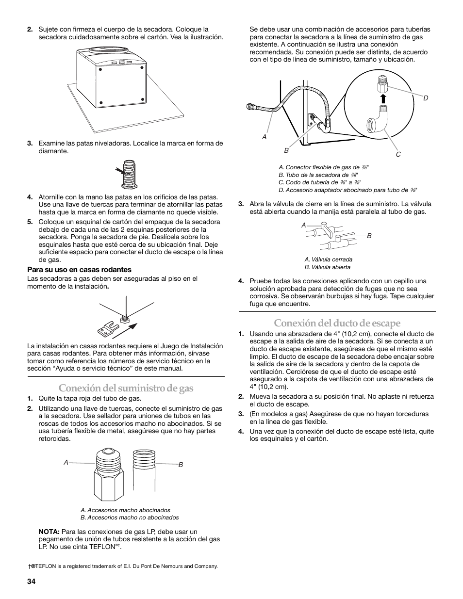 Conexión del suministro de gas, Conexión del ducto de escape | Whirlpool FRONT-LOADING GAS DRYER User Manual | Page 34 / 72