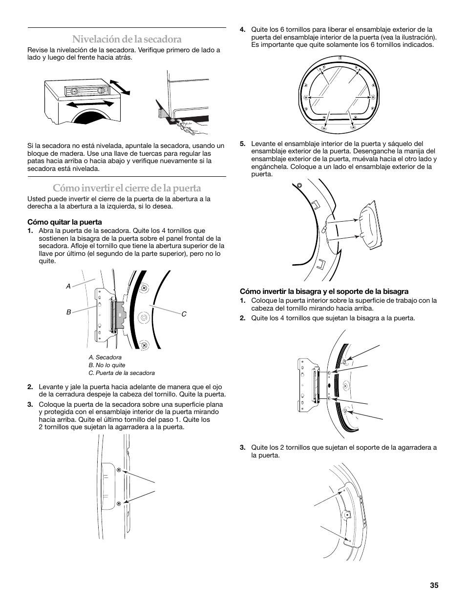 Nivelación de la secadora, Cómo invertir el cierre de la puerta | Whirlpool FRONT-LOADING GAS DRYER User Manual | Page 35 / 72