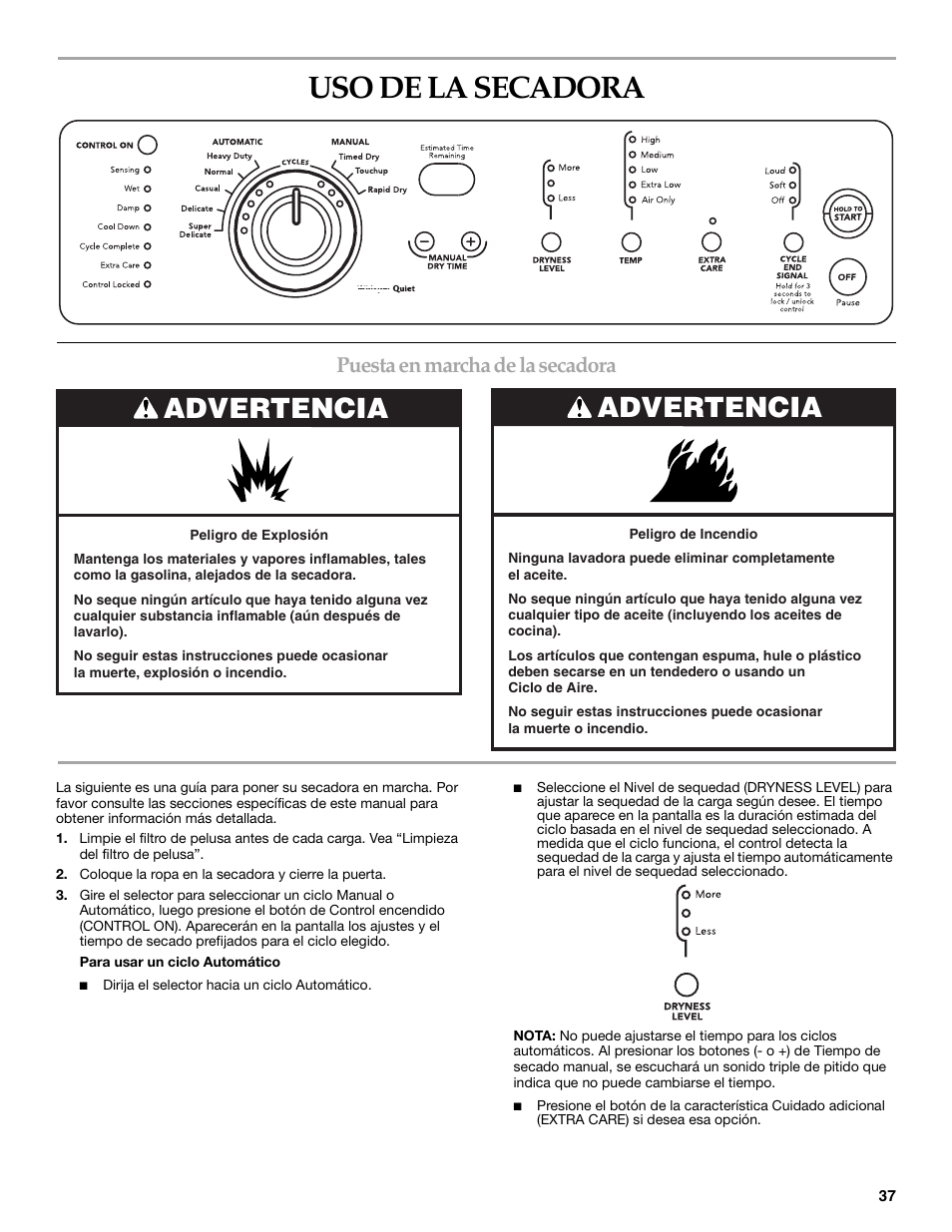 Uso de la secadora, Advertencia, Puesta en marcha de la secadora | Whirlpool FRONT-LOADING GAS DRYER User Manual | Page 37 / 72