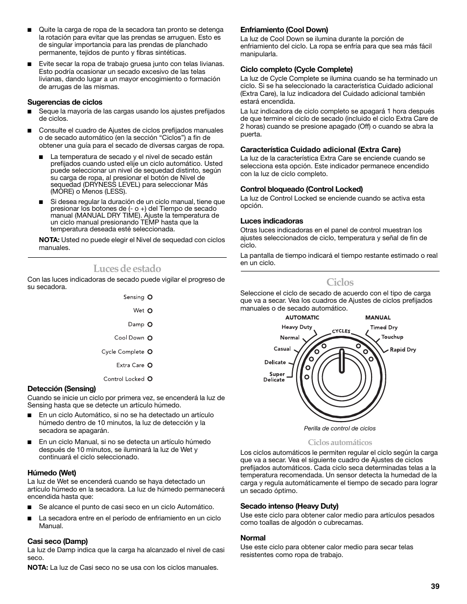 Luces de estado, Ciclos | Whirlpool FRONT-LOADING GAS DRYER User Manual | Page 39 / 72