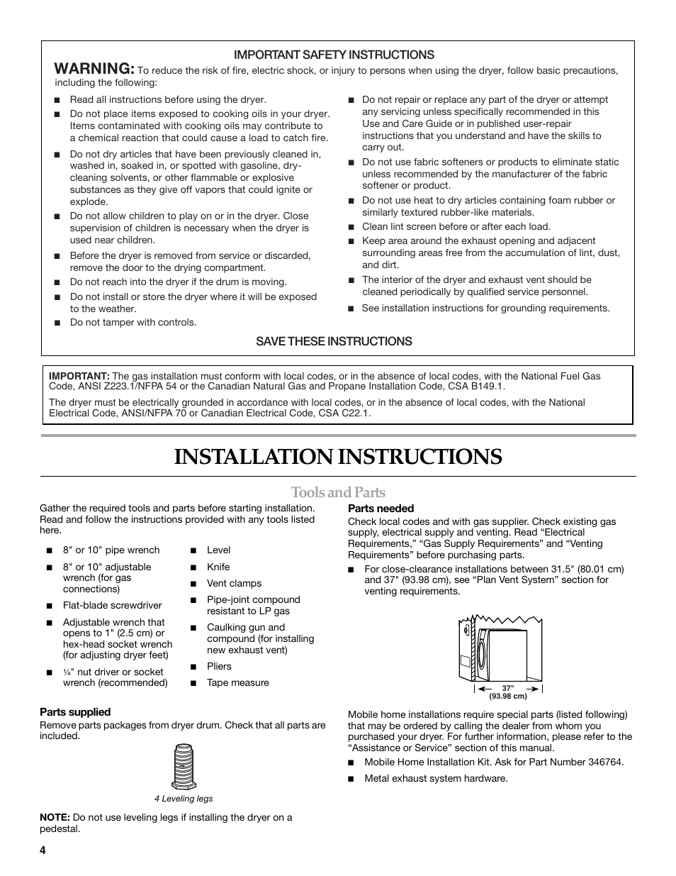 Installation instructions, Tools and parts, Warning | Important safety instructions, Save these instructions | Whirlpool FRONT-LOADING GAS DRYER User Manual | Page 4 / 72