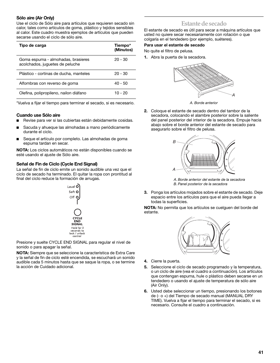 Estante de secado | Whirlpool FRONT-LOADING GAS DRYER User Manual | Page 41 / 72
