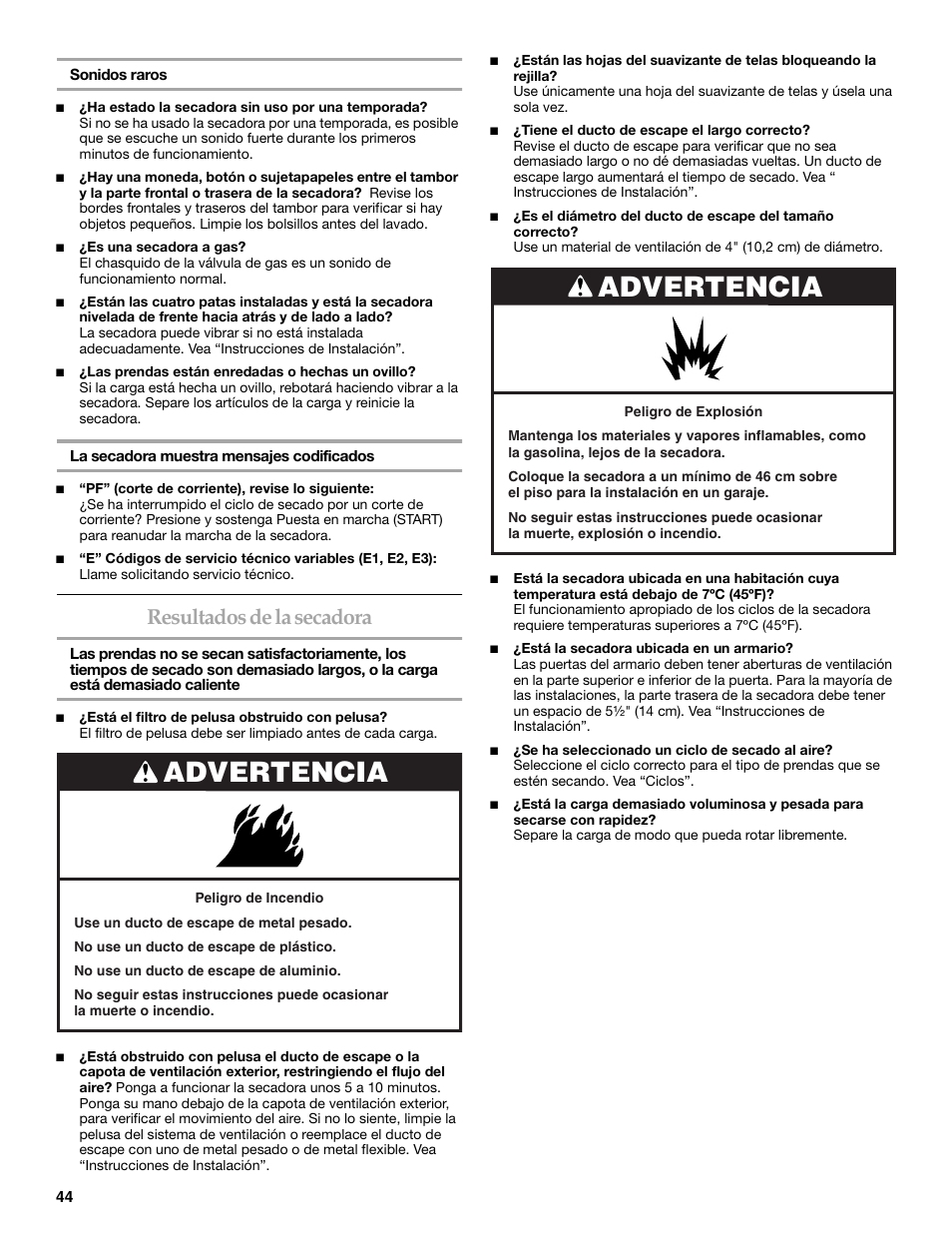Advertencia, Resultados de la secadora | Whirlpool FRONT-LOADING GAS DRYER User Manual | Page 44 / 72