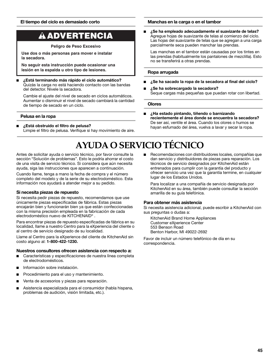 Ayuda o servicio técnico, Advertencia | Whirlpool FRONT-LOADING GAS DRYER User Manual | Page 45 / 72