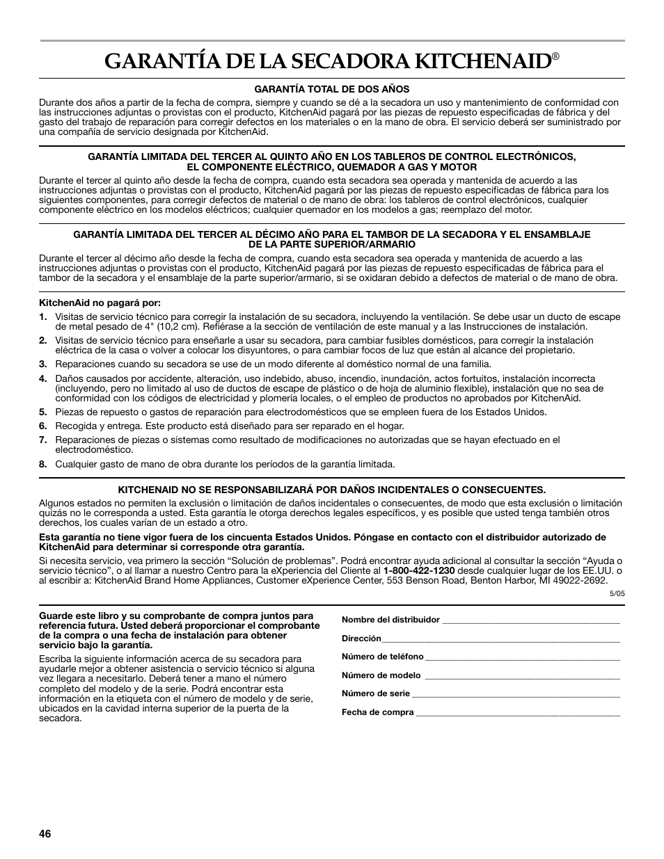 Garantía de la secadora kitchenaid | Whirlpool FRONT-LOADING GAS DRYER User Manual | Page 46 / 72