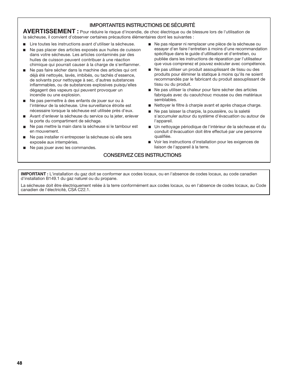 Avertissement, Importantes instructions de sécurité, Conservez ces instructions | Whirlpool FRONT-LOADING GAS DRYER User Manual | Page 48 / 72