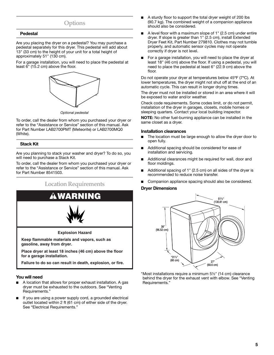 Warning, Options, Location requirements | Whirlpool FRONT-LOADING GAS DRYER User Manual | Page 5 / 72