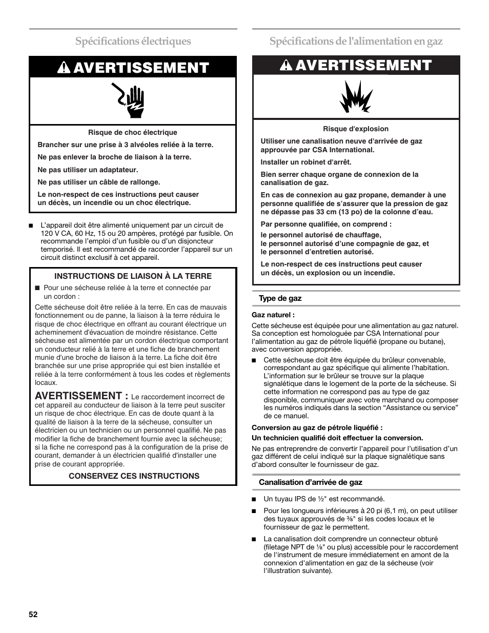 Avertissement, Spécifications électriques, Spécifications de l'alimentation en gaz | Whirlpool FRONT-LOADING GAS DRYER User Manual | Page 52 / 72