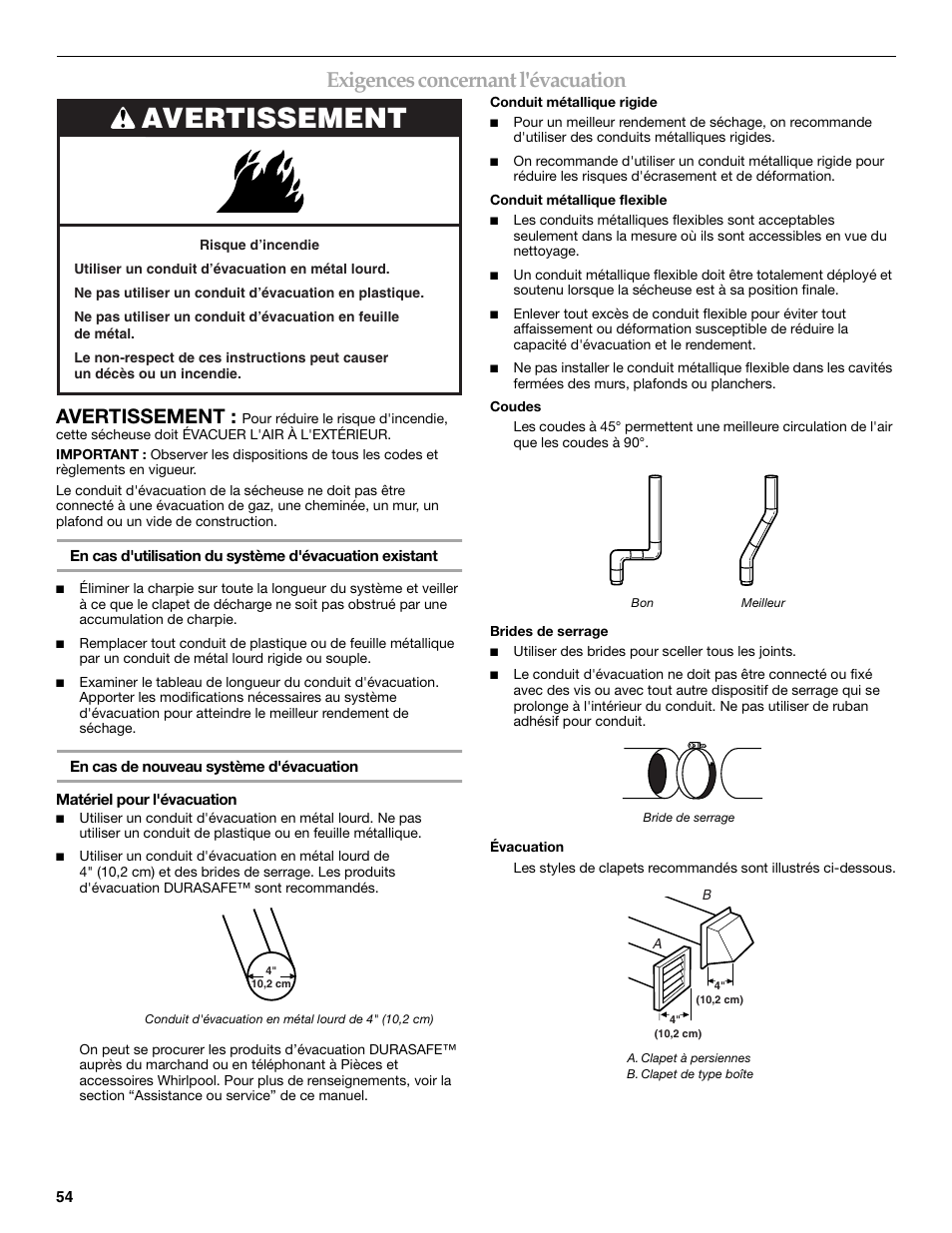 Exigences concernant l'évacuation, Avertissement | Whirlpool FRONT-LOADING GAS DRYER User Manual | Page 54 / 72