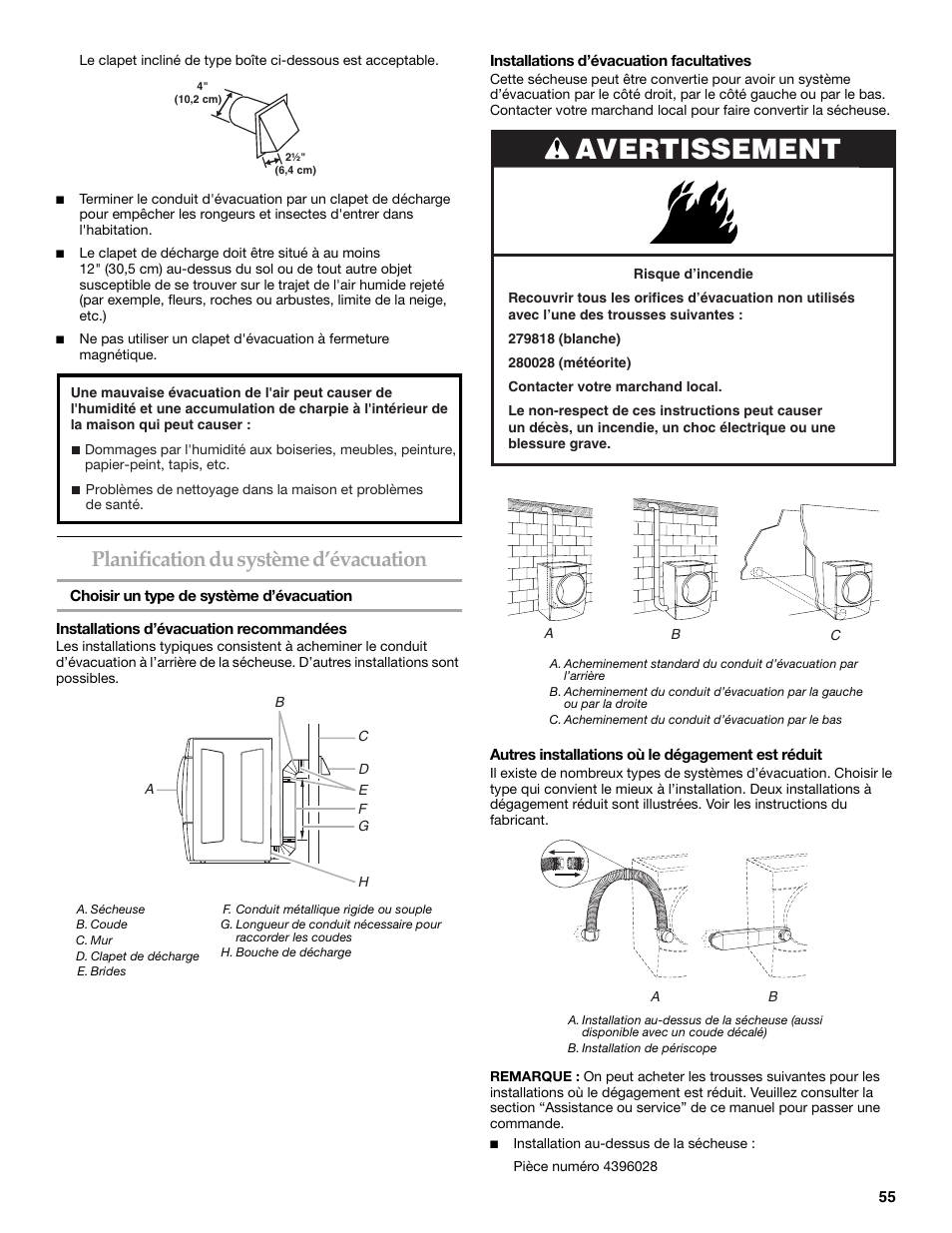 Avertissement, Planification du système d’évacuation | Whirlpool FRONT-LOADING GAS DRYER User Manual | Page 55 / 72