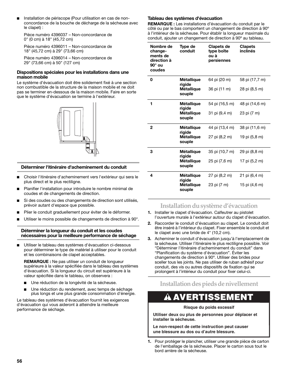 Avertissement, Installation du système d’évacuation, Installation des pieds de nivellement | Whirlpool FRONT-LOADING GAS DRYER User Manual | Page 56 / 72