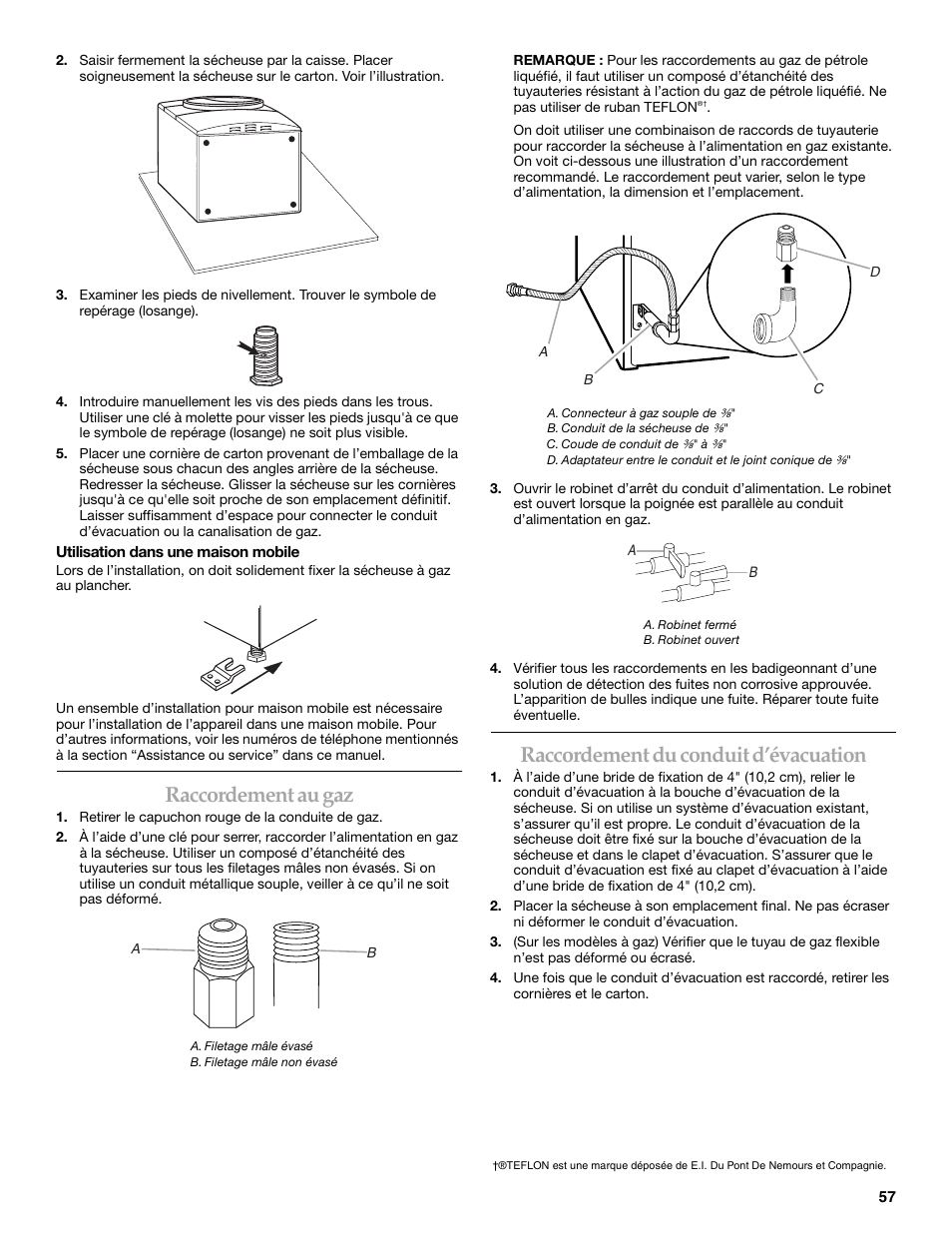 Raccordement au gaz, Raccordement du conduit d’évacuation | Whirlpool FRONT-LOADING GAS DRYER User Manual | Page 57 / 72