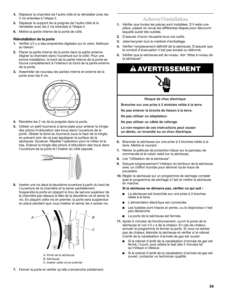 Avertissement, Achever l’installation | Whirlpool FRONT-LOADING GAS DRYER User Manual | Page 59 / 72