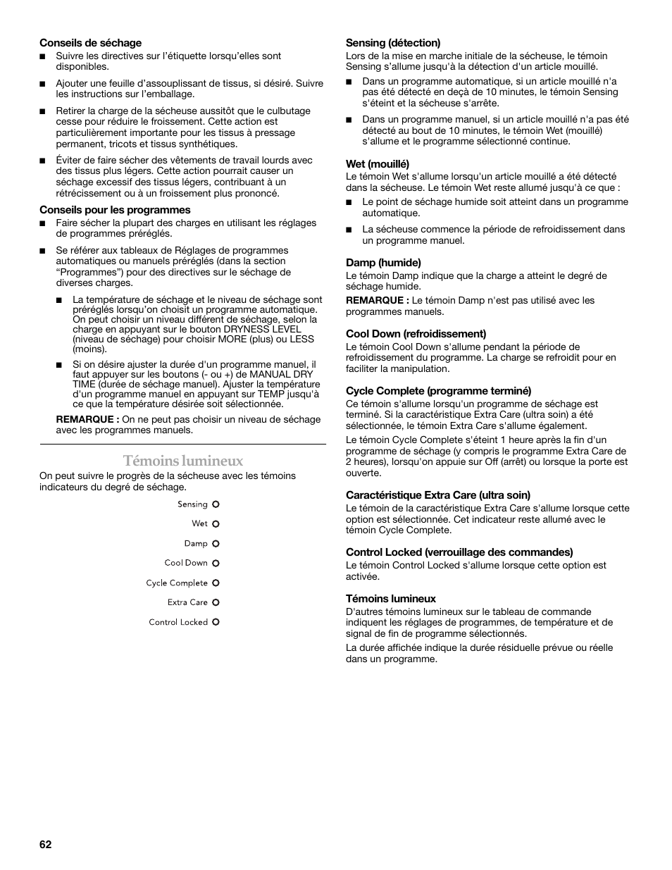 Témoins lumineux | Whirlpool FRONT-LOADING GAS DRYER User Manual | Page 62 / 72