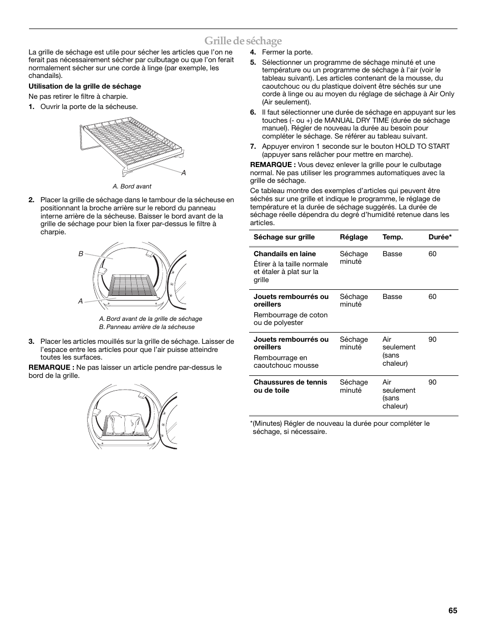 Grille de séchage | Whirlpool FRONT-LOADING GAS DRYER User Manual | Page 65 / 72