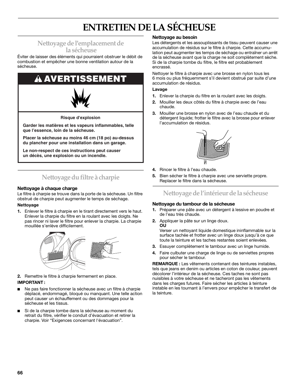 Entretien de la sécheuse, Avertissement, Nettoyage de l'emplacement de la sécheuse | Nettoyage du filtre à charpie, Nettoyage de l’intérieur de la sécheuse | Whirlpool FRONT-LOADING GAS DRYER User Manual | Page 66 / 72
