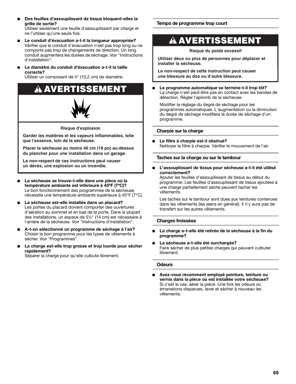 Avertissement | Whirlpool FRONT-LOADING GAS DRYER User Manual | Page 69 / 72