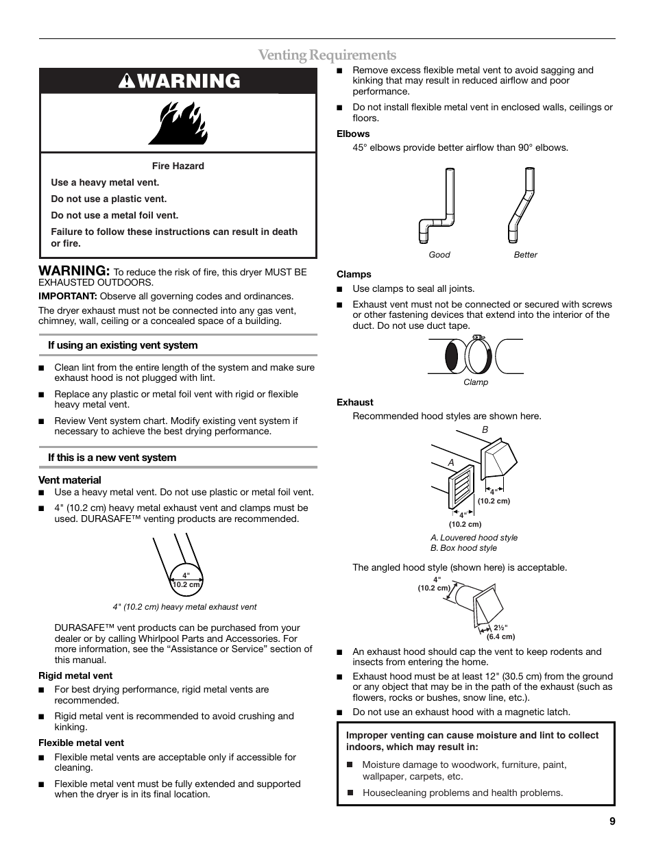 Venting requirements, Warning | Whirlpool FRONT-LOADING GAS DRYER User Manual | Page 9 / 72