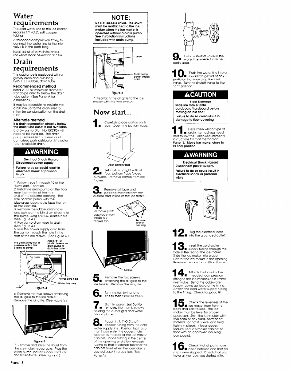 Water, Requirements, Drain | Awarning, Now start, Acaution, Water requirements, Drain requirements | Whirlpool 759105-U User Manual | Page 3 / 5