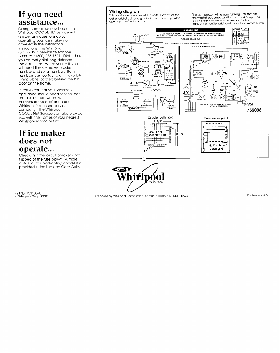 If you need assistance, If ice maker does not operate, Whi-rldool | Whirlpool 759105-U User Manual | Page 5 / 5