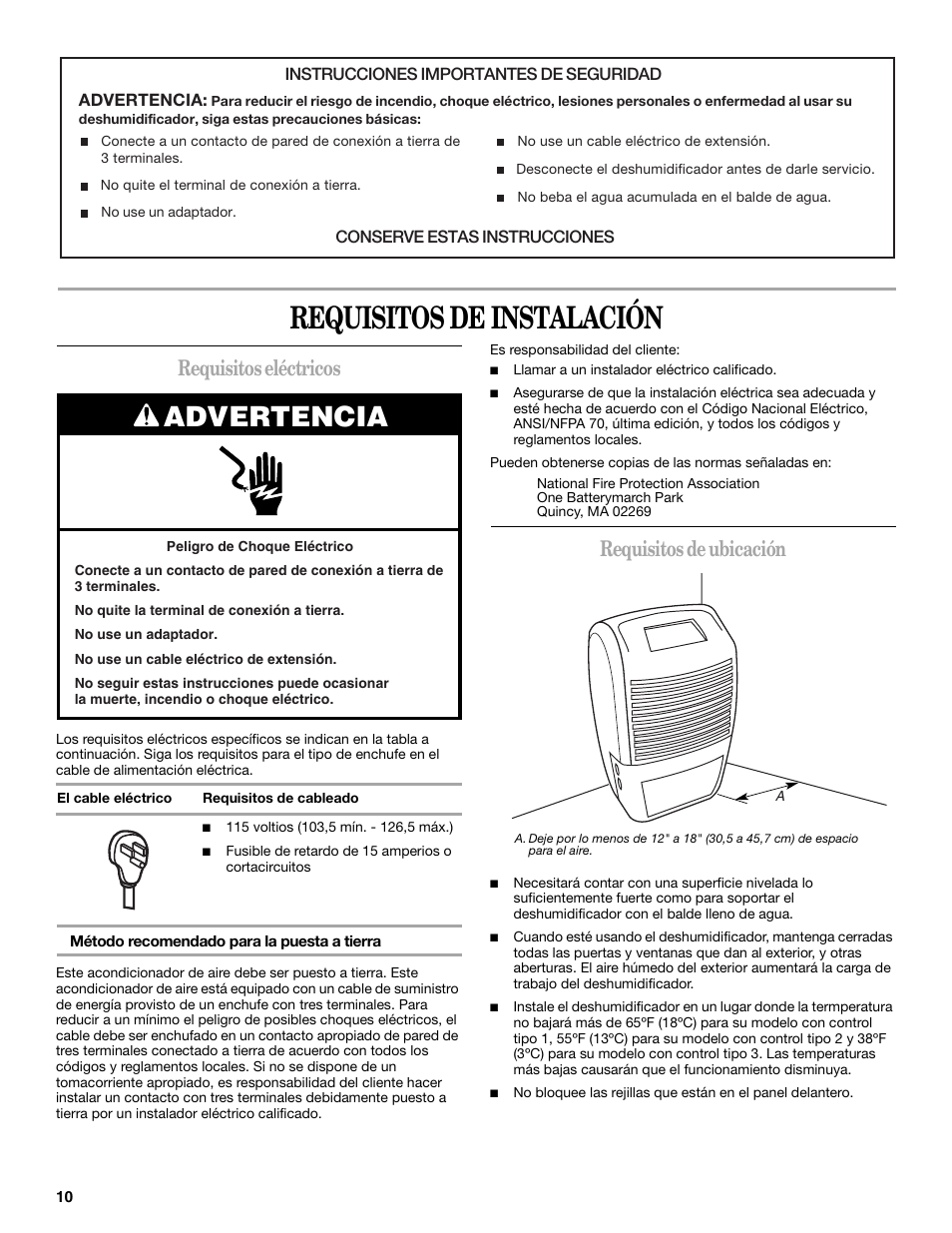 Requisitos de instalación, Advertencia, Requisitos eléctricos | Requisitos de ubicación | Whirlpool AD40DSS0 User Manual | Page 10 / 16