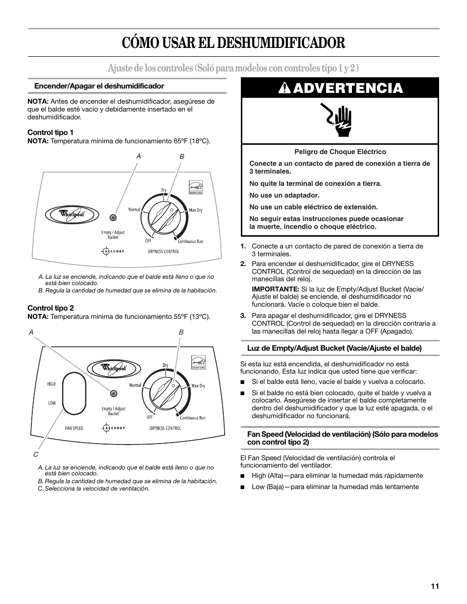 Cómo usar el deshumidificador, Advertencia | Whirlpool AD40DSS0 User Manual | Page 11 / 16