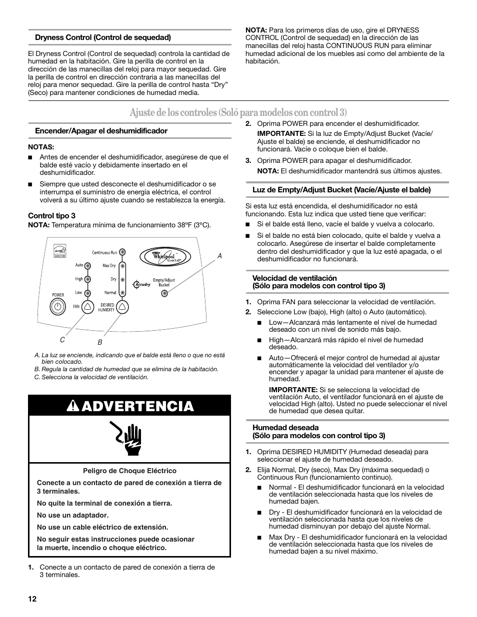 Advertencia | Whirlpool AD40DSS0 User Manual | Page 12 / 16